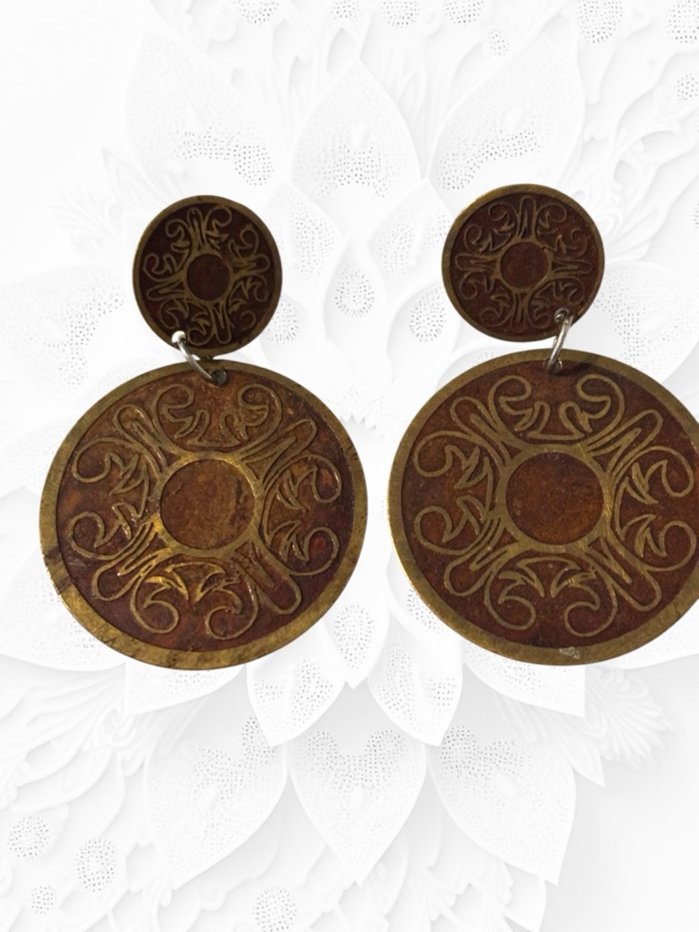 Vintage Brown Brass Etched Round Drop Earrings Boho Artisan Statement